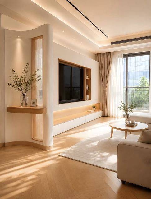 Living: warm white walls, ceiling coves, linear AC slots, light herringbone oak, one curved wall.