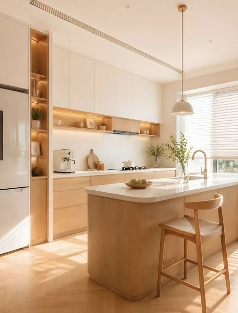 Kitchen: handleless doors, oak shelves with built-in LED, rounded island end.