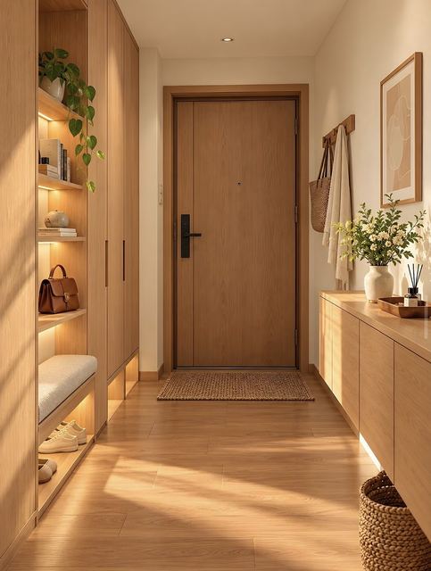 Foyer: tall oak cupboard, lit open niches and a bench with a shoe shelf.