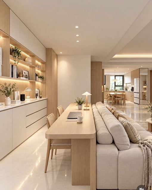 Desk behind the sofa, with kitchen and dining along one long axis.