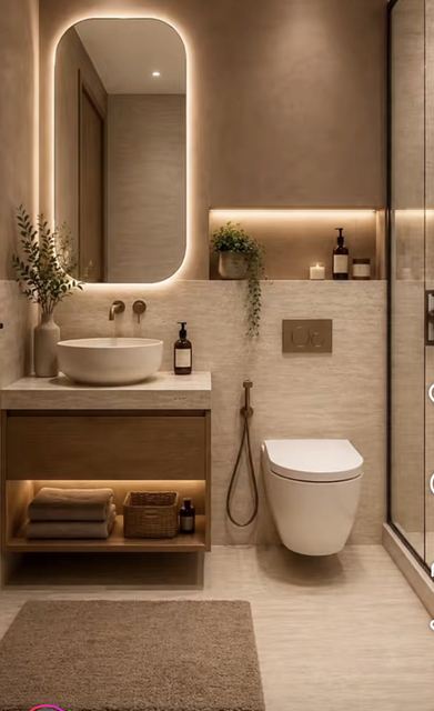 Bathroom: mocha plaster, beige stone, a lit mirror with rounded corners, a floating oak vanity.