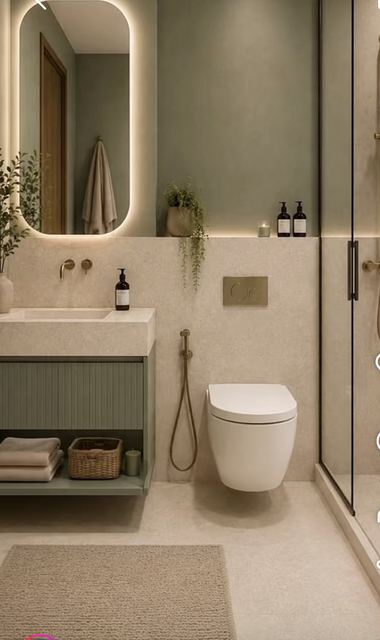 Bathroom: terrazzo, a sage vanity, brushed brass.