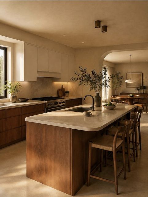 Warm kitchen: a walnut island with a rounded stone top, rush-seat stools, an arched opening, soft plaster walls.