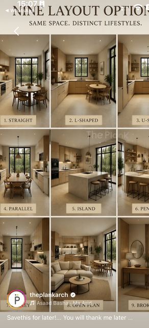 Nine kitchen layouts: straight, L, U, parallel, island, peninsula, galley, open plan, broken plan.