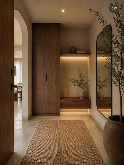 Foyer: a walnut tall cupboard, a lit floating bench niche, an arched mirror and a jute runner.