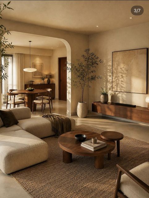 Living: an arched opening, a low boucle sofa, walnut round coffee tables, a jute rug, dining beyond.