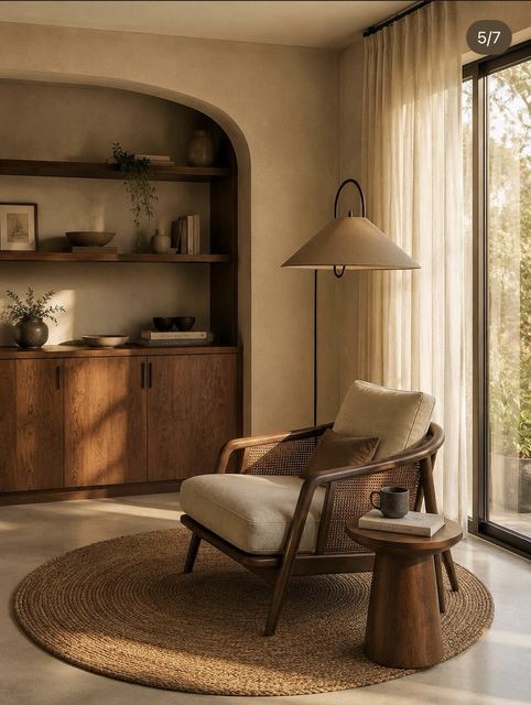 Reading corner: walnut shelves and cupboards in an arched niche, a cane lounge chair, an arc floor lamp.