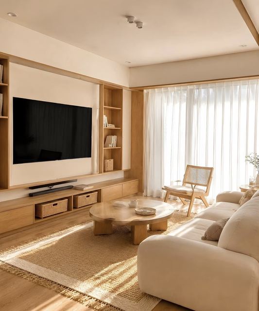 Living: an oak TV wall with open shelves each side, a low console with baskets, sheer curtains.