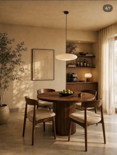 Dining: a round walnut pedestal table, curved chairs, a paper pendant, a walnut sideboard with shelves.
