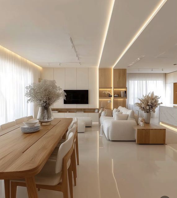 Open plan: a long oak dining table, cream chairs, a cove-lit ceiling with track lights, a white TV wall.