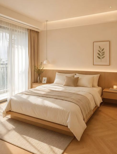 Bedroom: an oak panelled headboard wall to the ceiling, a cove light, a low oak bed.