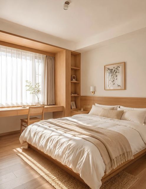 Bedroom: an oak desk and shelves built round the window, an oak headboard panel.