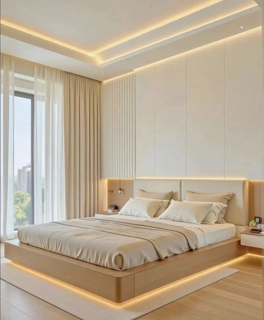Bedroom: a floating bed with an LED glow underneath, a padded headboard, a cove ceiling, fluted panels.