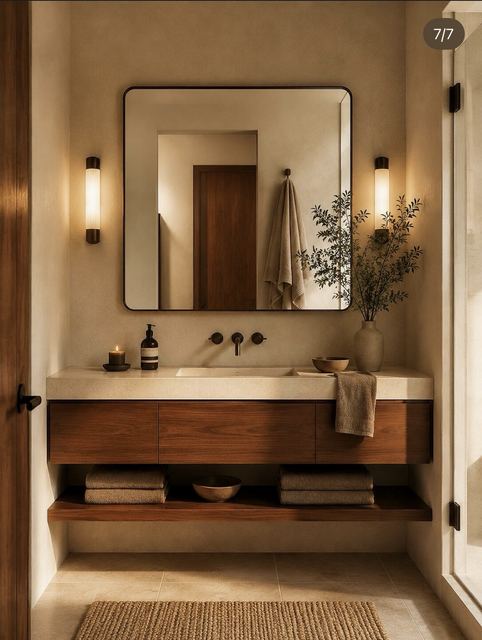 Bathroom: a floating walnut vanity with a stone top, a wall-mounted tap, a rounded mirror, wall lights.