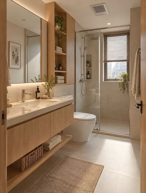 Bathroom: an oak vanity with a moulded basin, open shelves beside the mirror, a glass shower.
