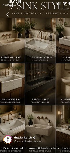 Nine basin styles: integrated, undermount, vessel, farmhouse, trough, pedestal, and more.