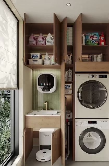 Laundry cupboard, open: a stacked washer and dryer, a sink on sage tiles, detergent shelves.