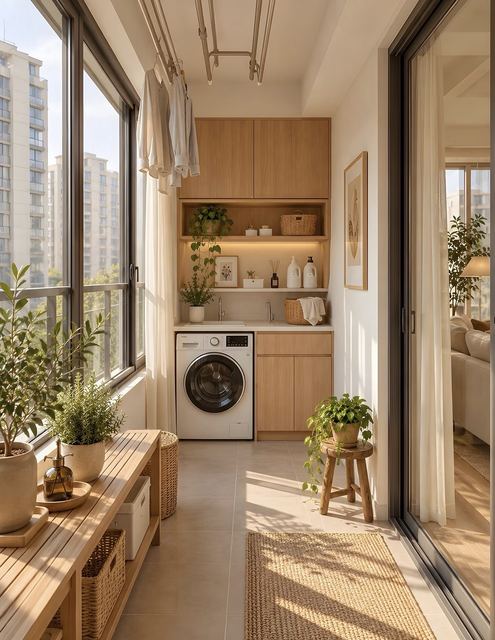 Laundry by a window: a washer under oak cupboards and open shelves, a ceiling drying rack.