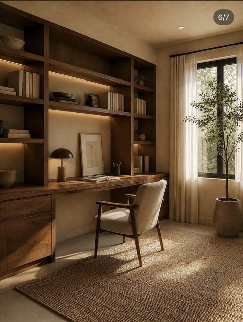Study: a full wall of walnut shelves over a desk, LED under each shelf.
