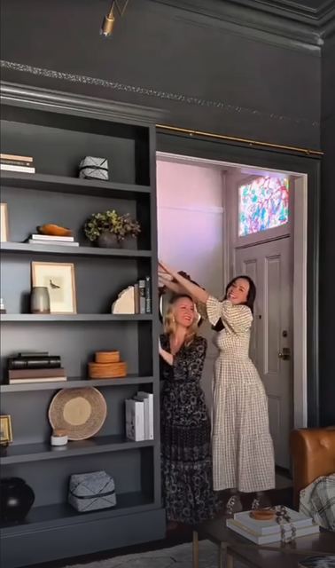 A bookcase that swings open as a hidden door.