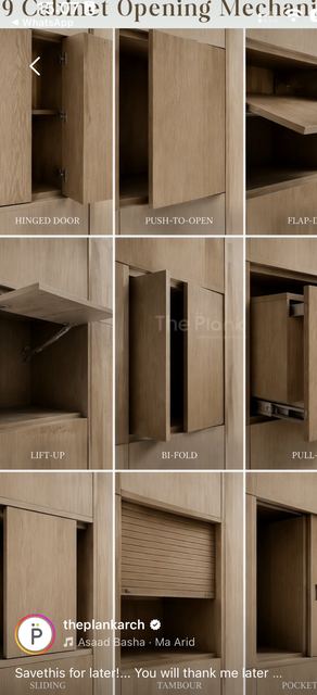 Nine ways to open a cupboard: hinged, push-to-open, flap-down, lift-up, bi-fold, pull-out, sliding, tambour, pocket.