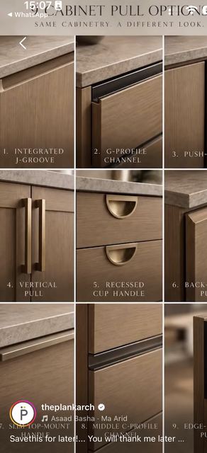 Nine cupboard pulls: J-groove, G-profile, push-to-open, bar, cup, bevel, top-mounted, C-profile, edge.