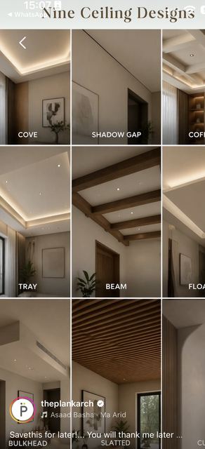 Nine ceilings: cove, shadow gap, coffered, tray, beam, floating, bulkhead, slatted, curved.