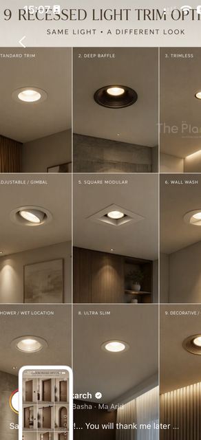 Nine downlight trims: standard, deep baffle, trimless, gimbal, square, wall wash, wet area, slim, decorative.