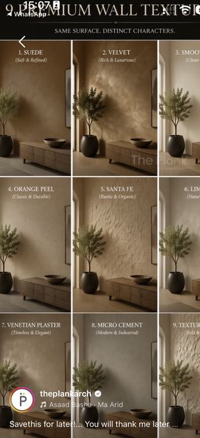 Nine wall finishes: suede, velvet, smooth, orange peel, Santa Fe, limewash, Venetian plaster, micro-cement, textured.
