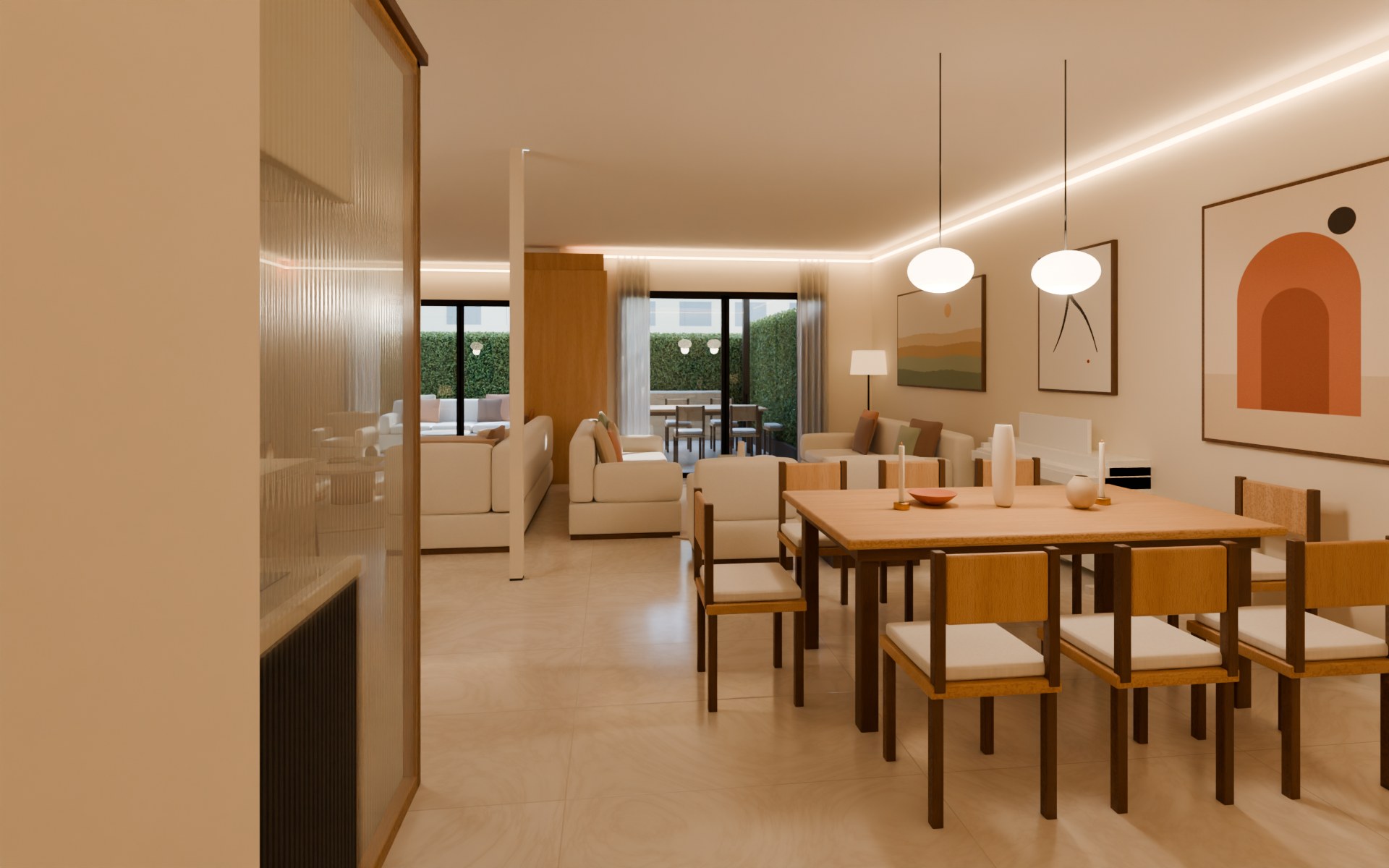 Just inside the main door: the fluted-glass screen on the left, the dining table under two pendants, art on the west wall, the reception and garden beyond