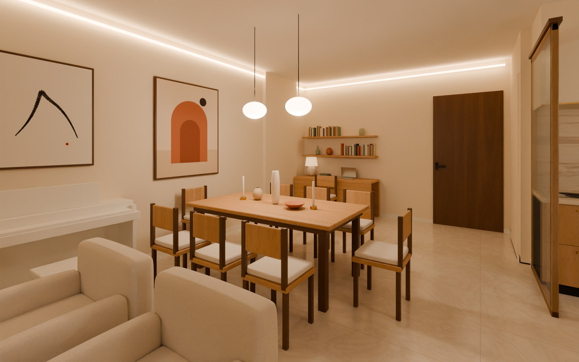 Dining table with the desk corner, shelves and art