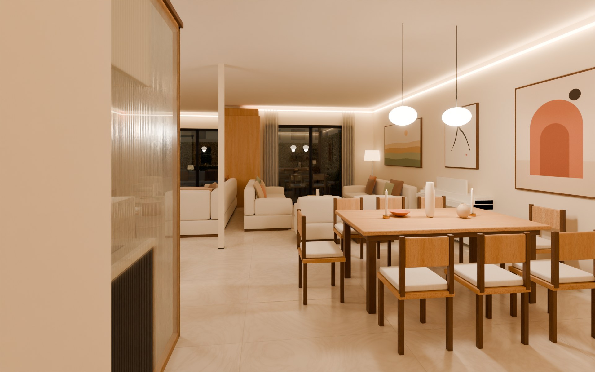 The same arrival view in the evening with warm cove lighting and pendants