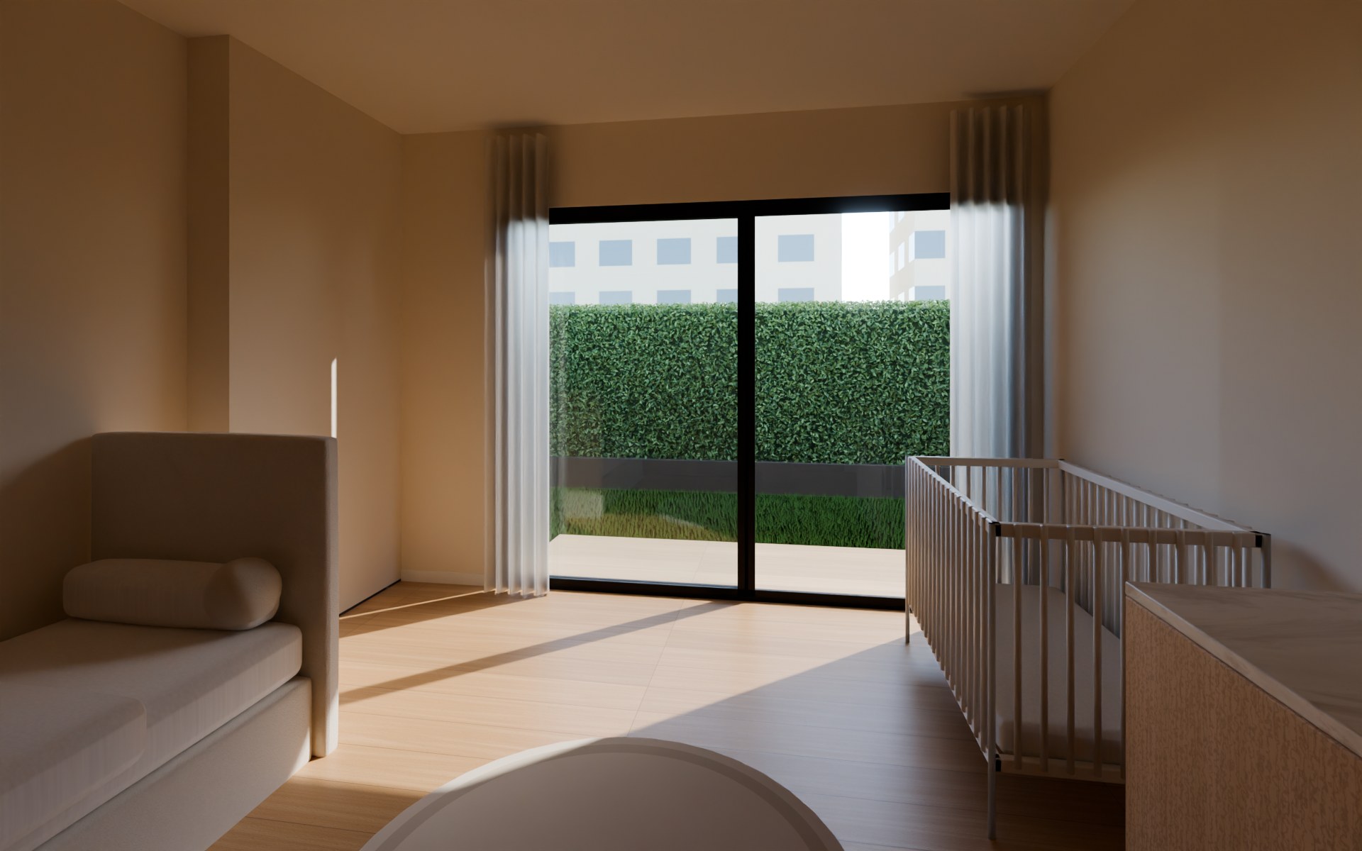 The kids' room with the toddler bed, cot and changing unit
