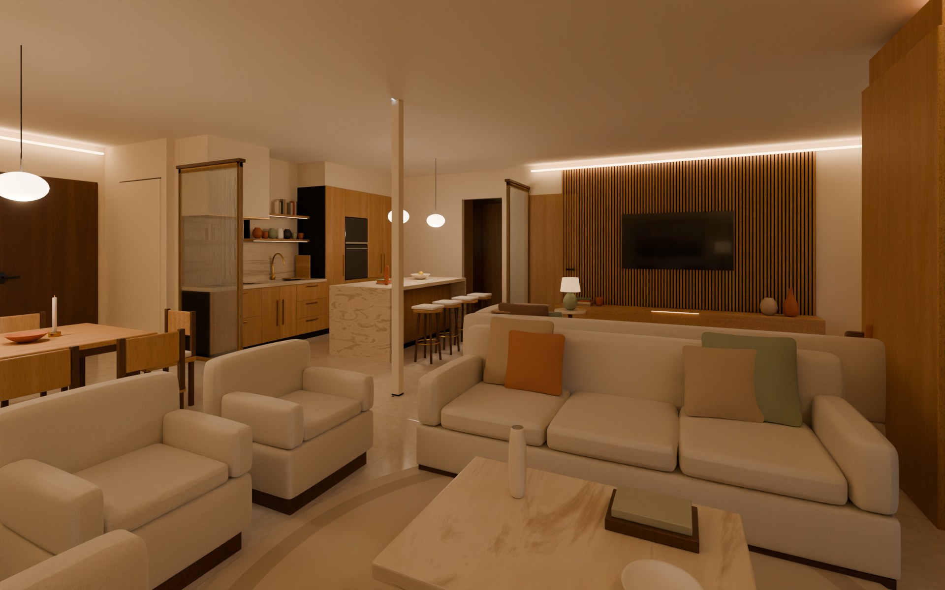 From the reception corner across the reception into the family living room and kitchen