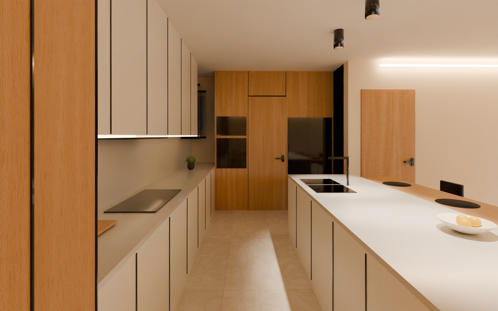 Down the 1.25 m kitchen aisle toward the tall oak wall with the hidden door between the fridge and the ovens