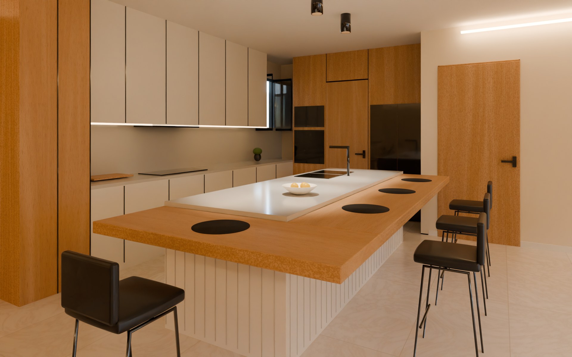 Close to the corner of the oak L bar, with the island's V-groove panelling and black leather stools