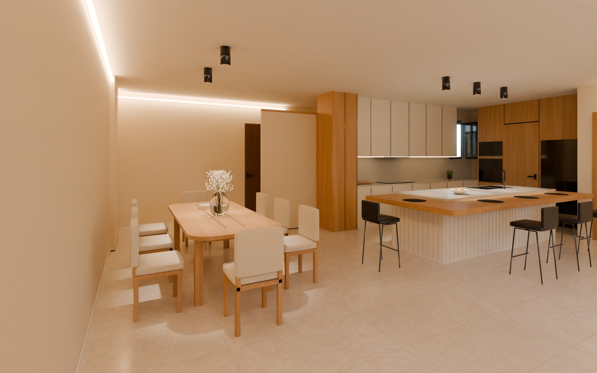 From the garden side of the reception: the dining table in front of the kitchen's oak L bar and island
